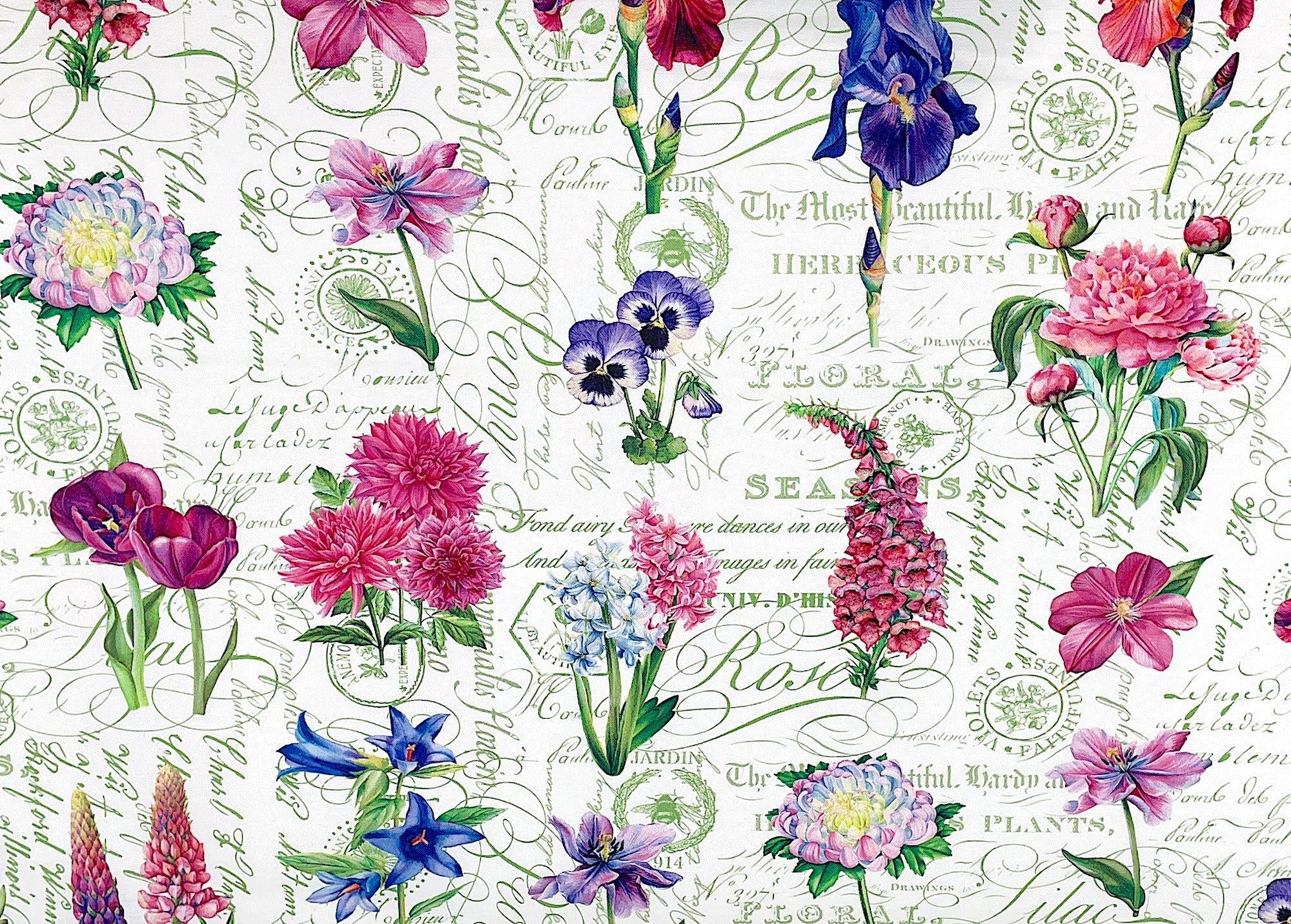 From Northcott Fabrics this white toile fabric is covered with snapdragons, iris, peonies and other pink and purple flowers.&nbsp; This fabric is part of Deborah's Garden collection by Northcott Fabrics.