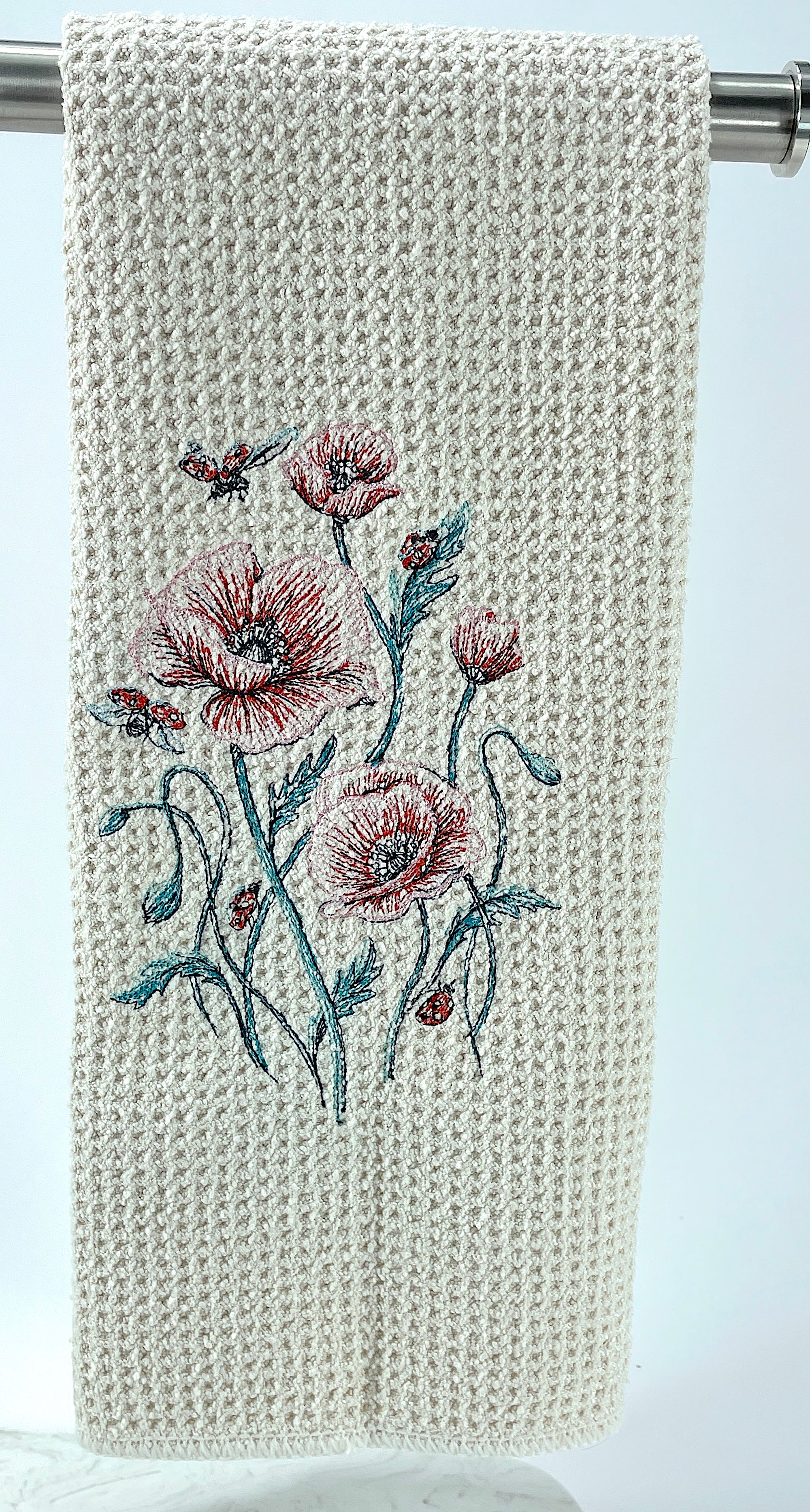 Poppies and Ladybug microfiber waffle weave hand towel