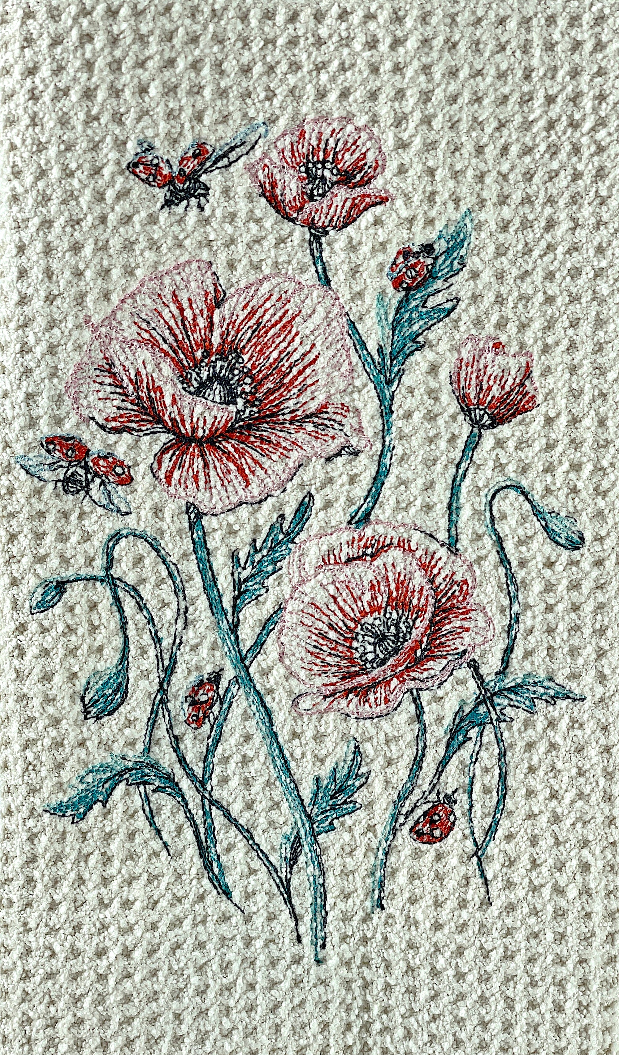 Poppies and Ladybug microfiber waffle weave hand towel