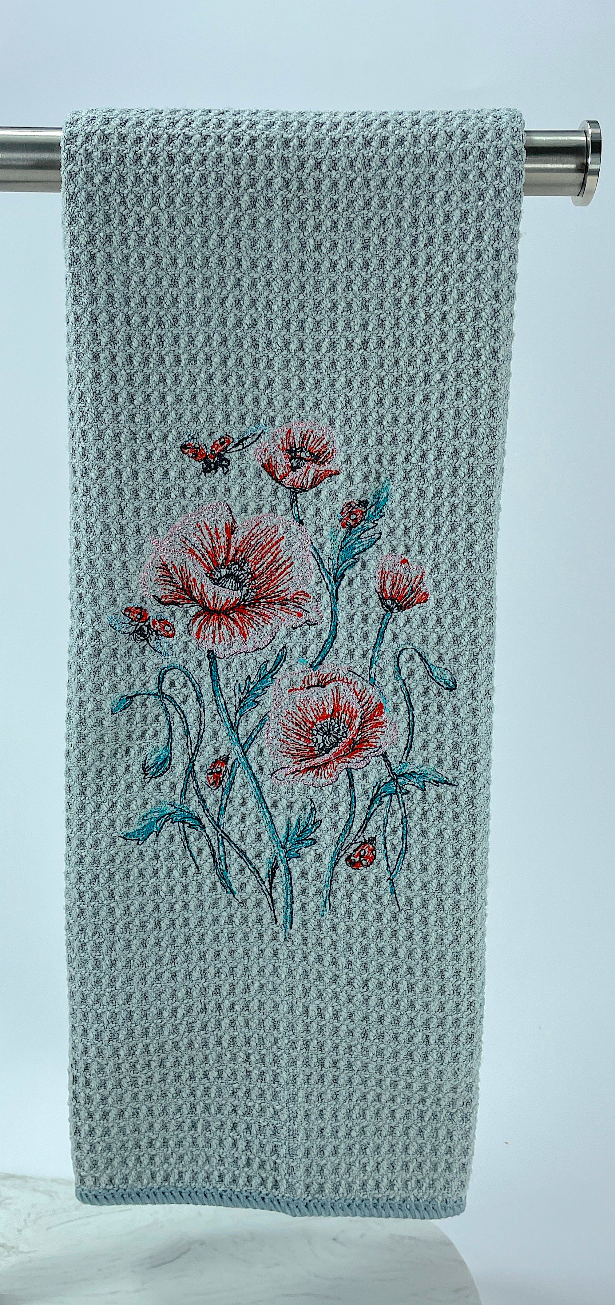 Poppies and Ladybug microfiber waffle weave hand towel