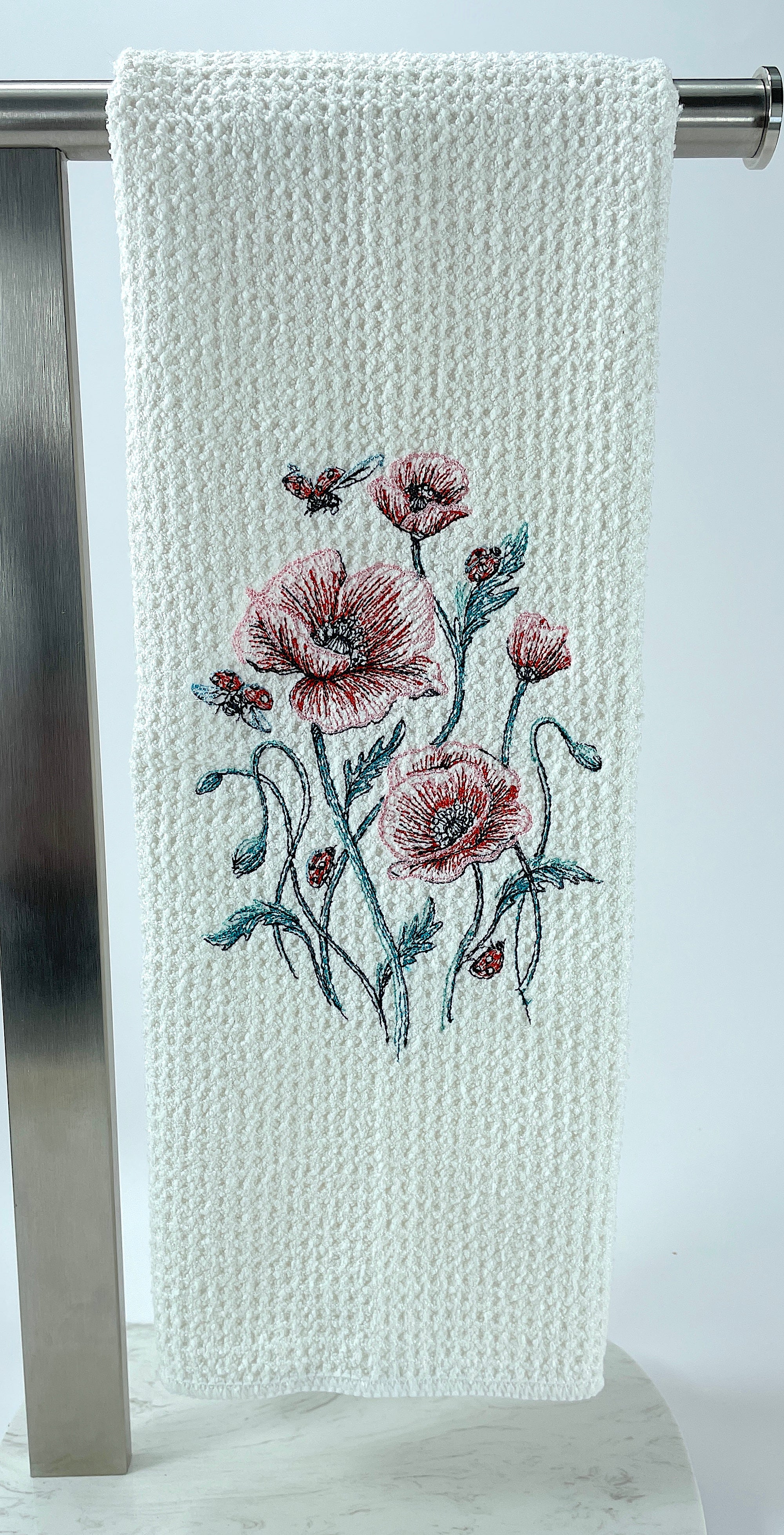 Poppies and Ladybug microfiber waffle weave hand towel