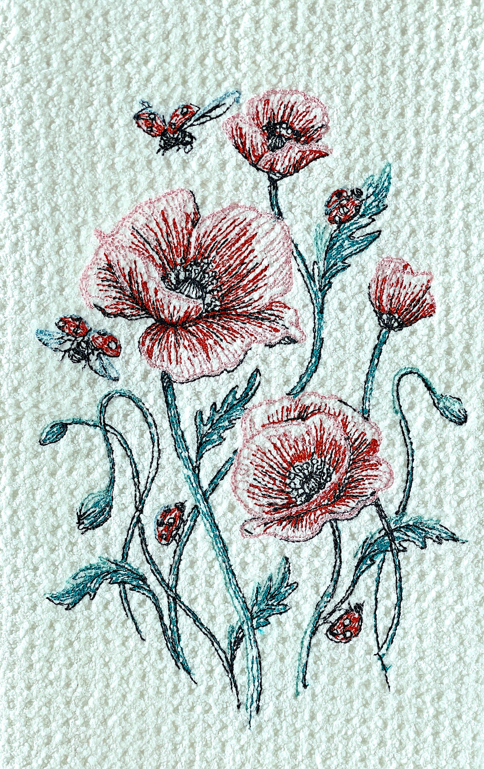 Poppies and Ladybug microfiber waffle weave hand towel