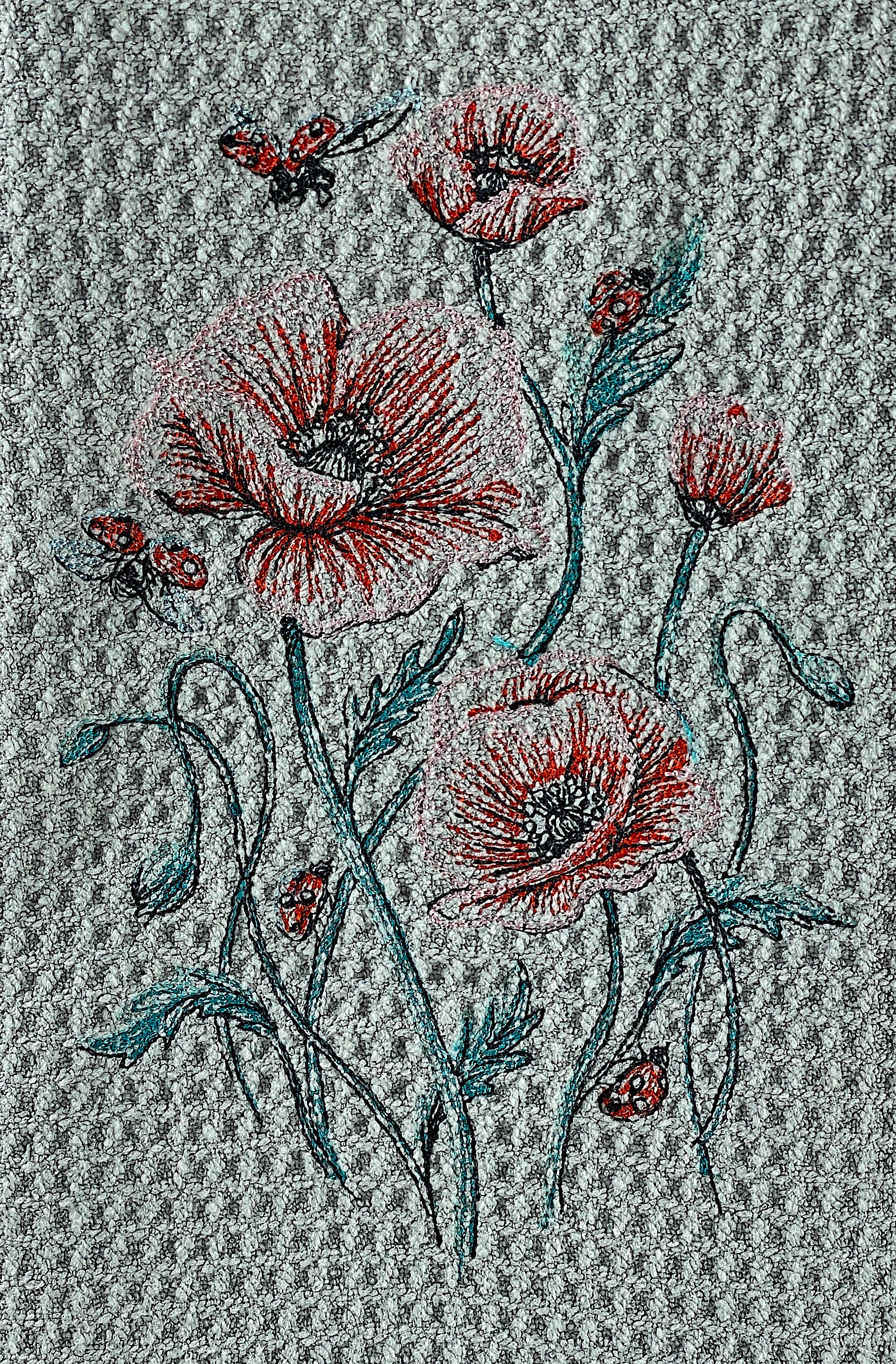 Poppies and Ladybug microfiber waffle weave hand towel