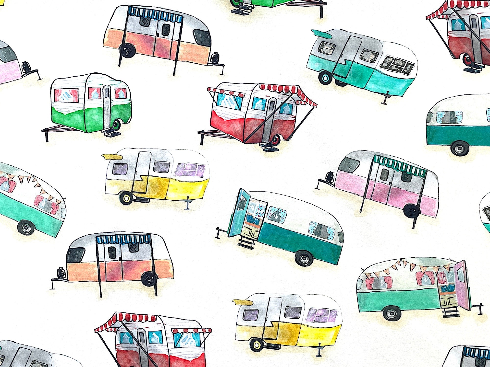 Red, blue, green, yellow and pink travel trailers are tossed all over this cotton fabric.