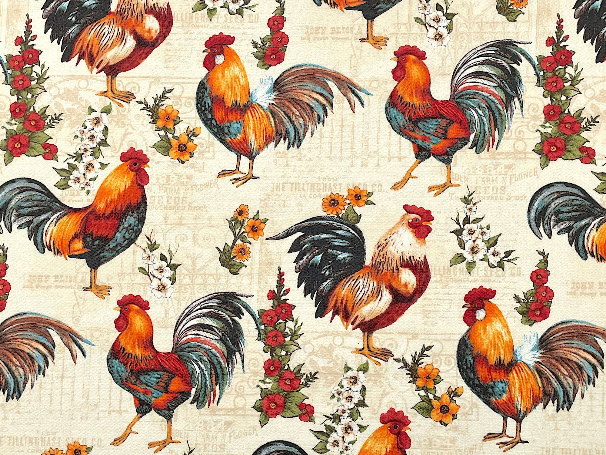 Cream colored cotton fabric covered with roosters and flowers.