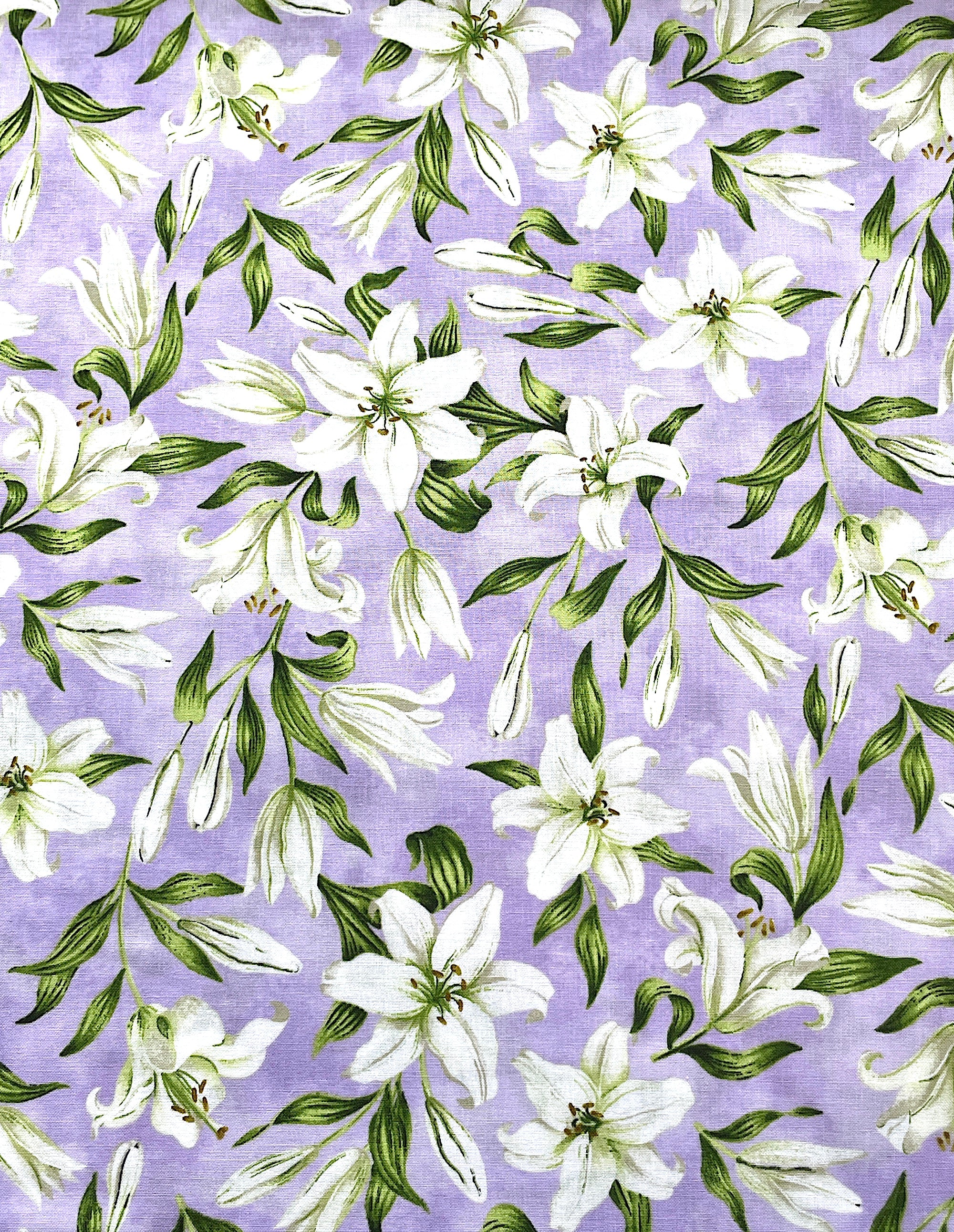 Lavender cotton fabric covered with white lilies.