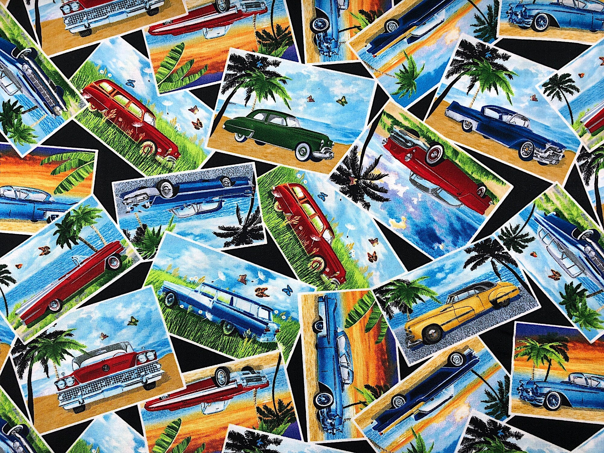 This fabric is covered with many different old cars in different scenes.