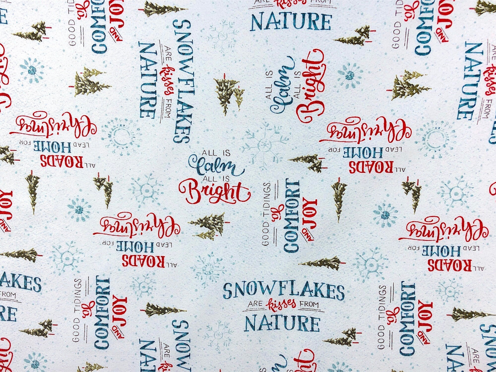 This fabric is called A Magical Christmas and is covered with trees, snowflakes and Christmas Sayings. Some of the sayings are All is Calm All is Bright, Good Tidings of Comfort and Joy and Snowflakes are kisses from nature.