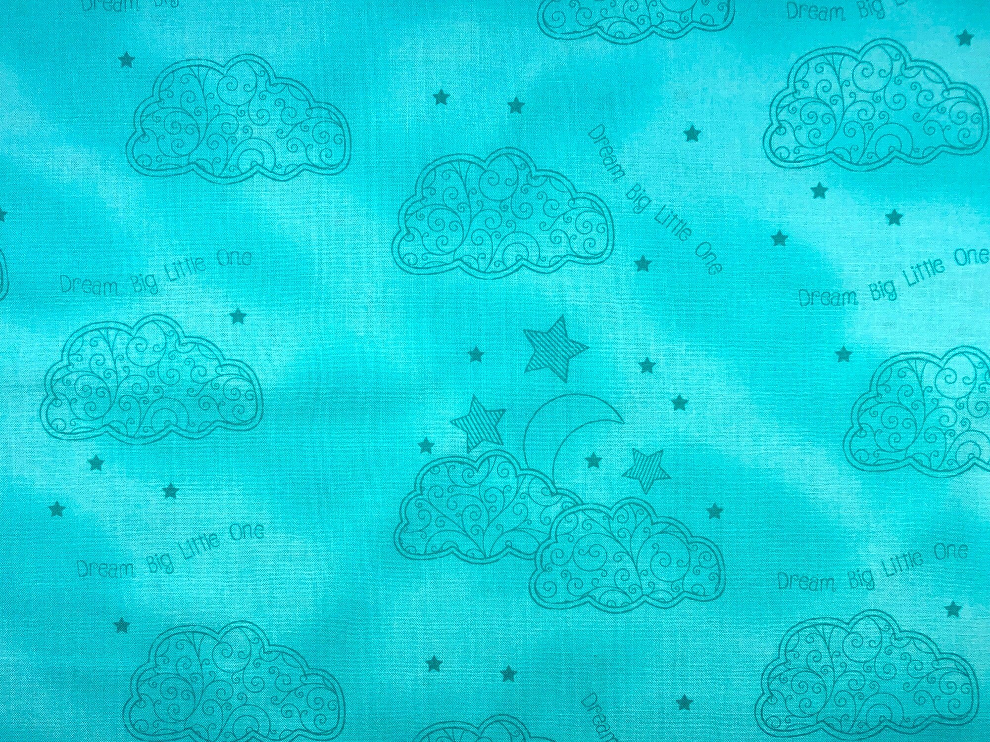 This teal green fabric is covered with clouds, moons and stars. The saying Dream Big Little One is also printed throughout the fabric