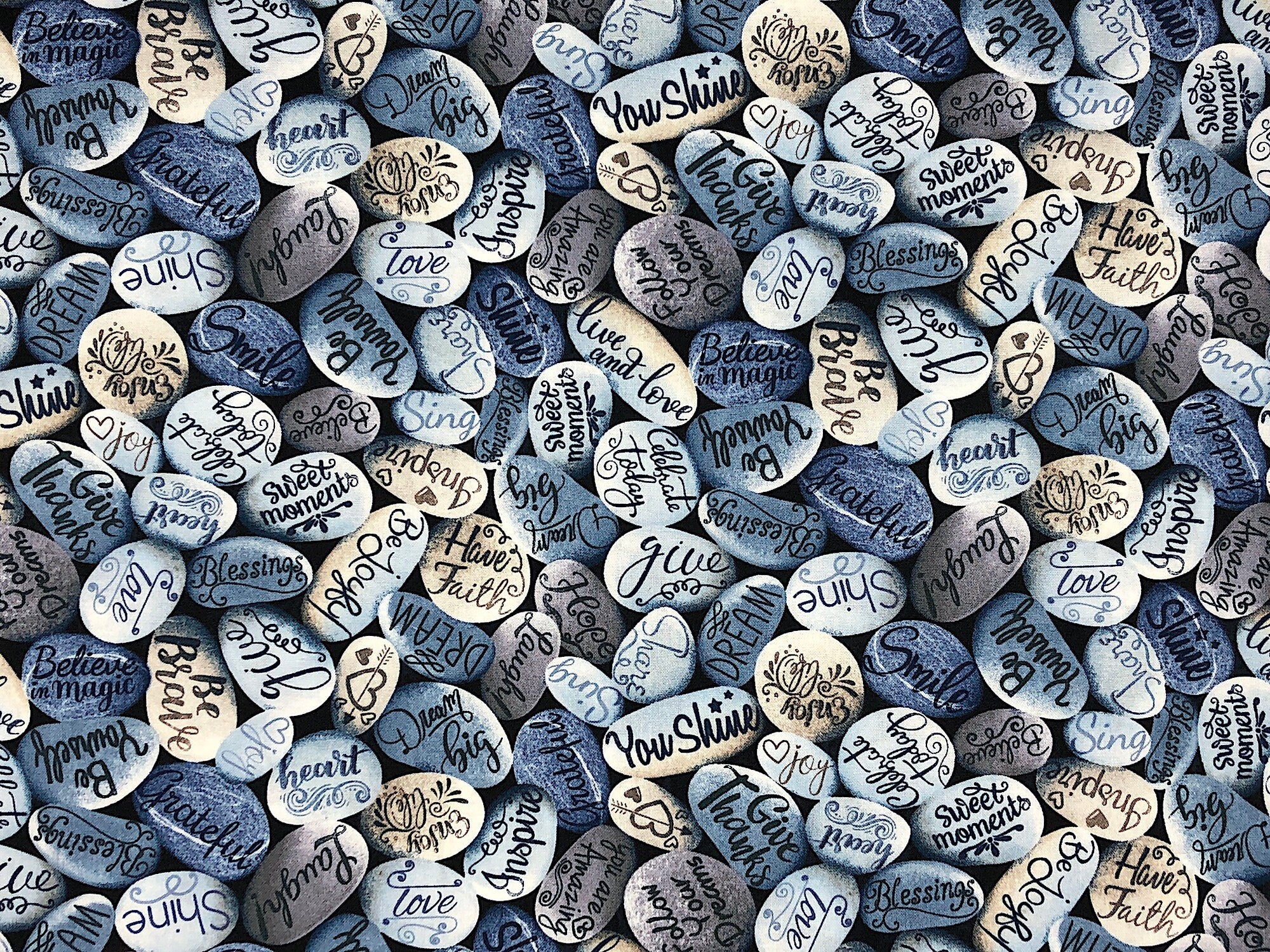 This cotton fabric is covered with stones with inspirational sayings such as you shine, live and love, heart, love and more.