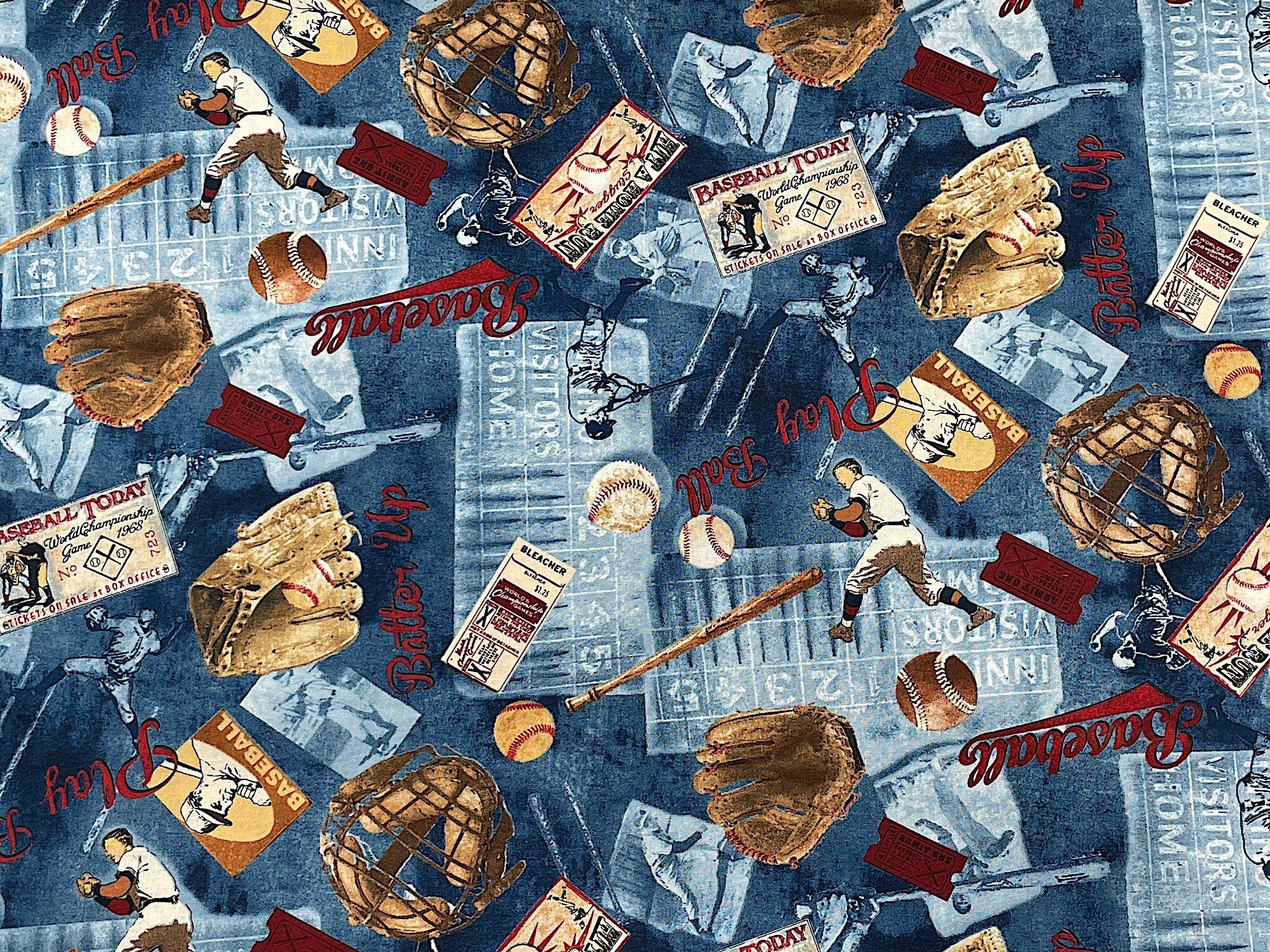 This cotton fabric is covered with baseball gloves, bats, balls, tickets, players and more.