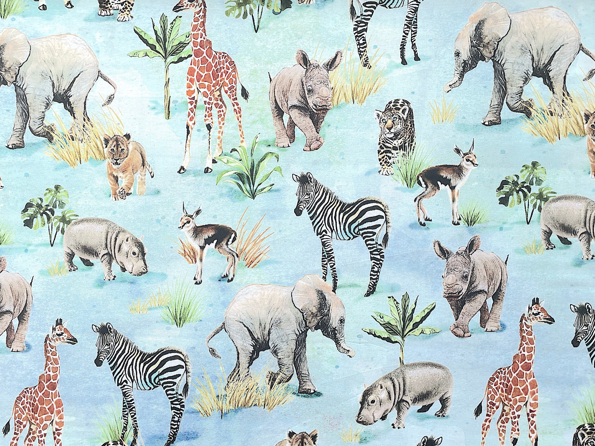 Light blue cotton fabric covered with zebra, giraffe, rhinos, tigers and more.
