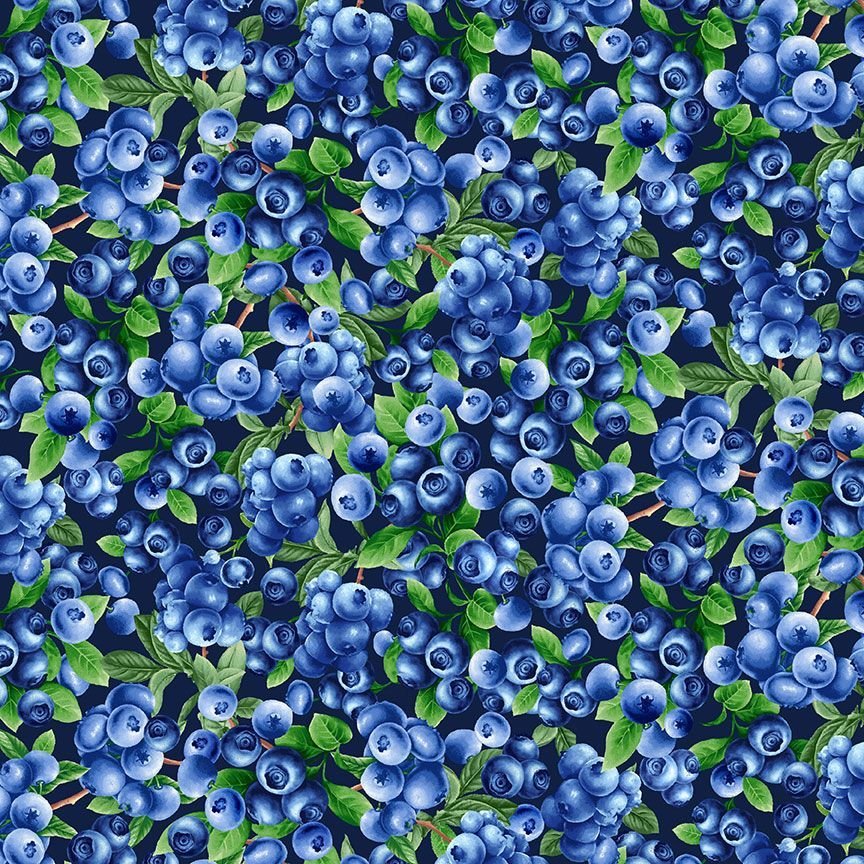 Cotton fabric covered with blueberries and leaves.
