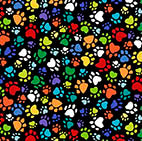 This black fabric is covered with white, red, orange, blue yellow, green and purple paw prints