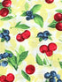 Close up of blueberries and cherries on a yellow background.