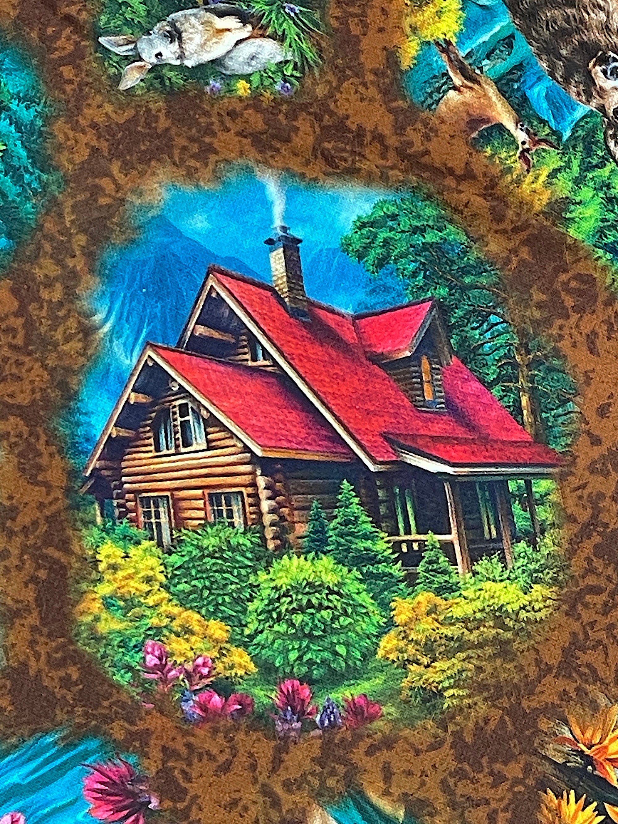 Close up of a cabin with a red roof.