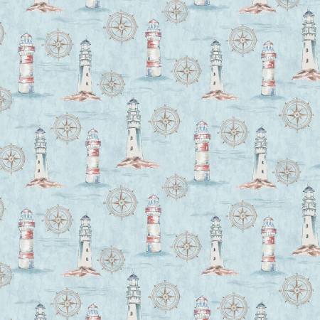 Blue cotton fabric covered with lighthouses.