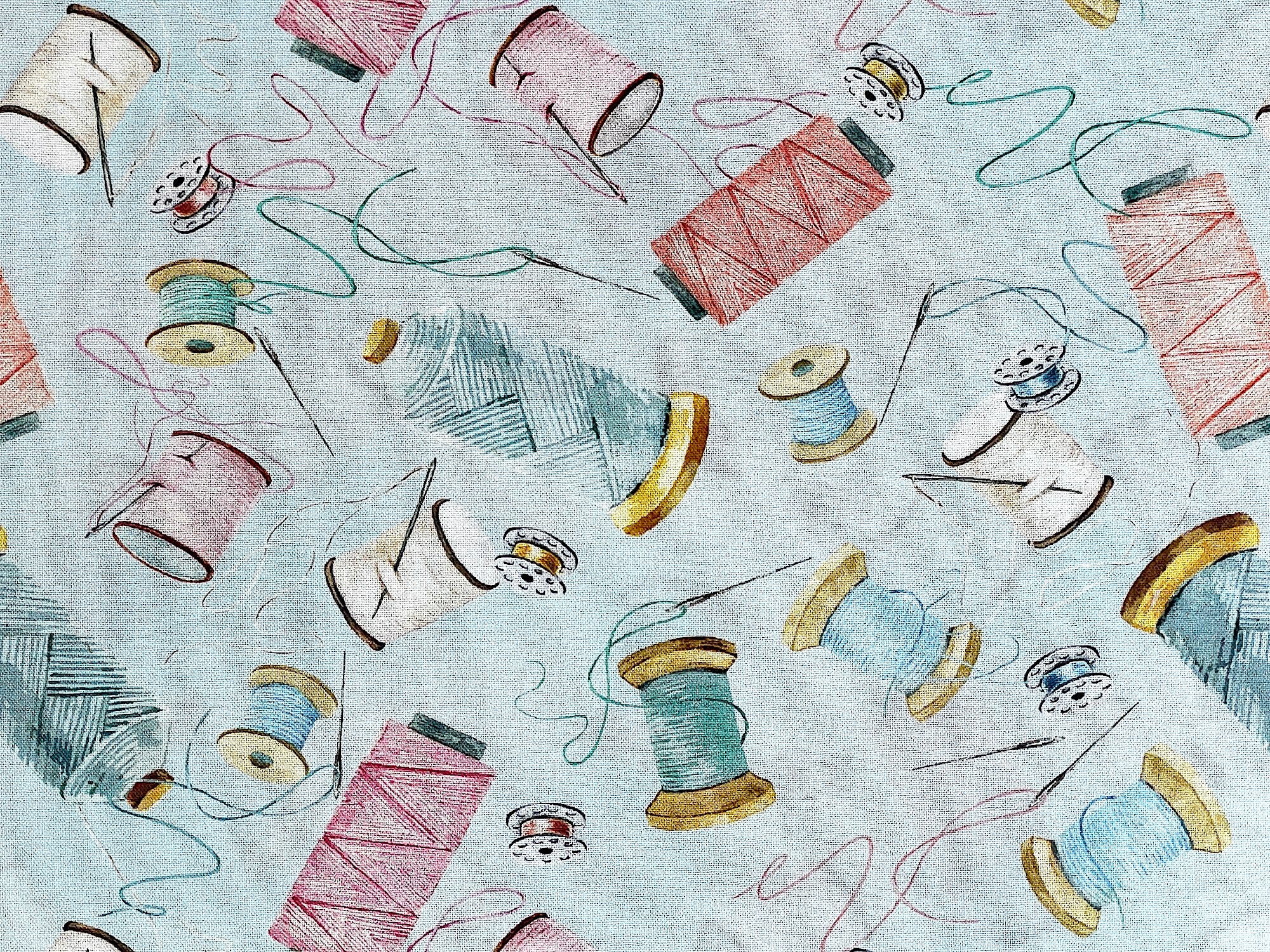 This fabric is part of the Sew in Love Collection by Rockstar Sewing.  This light blue cotton fabric is  covered with spools of thread, bobbins and sewing needles.
