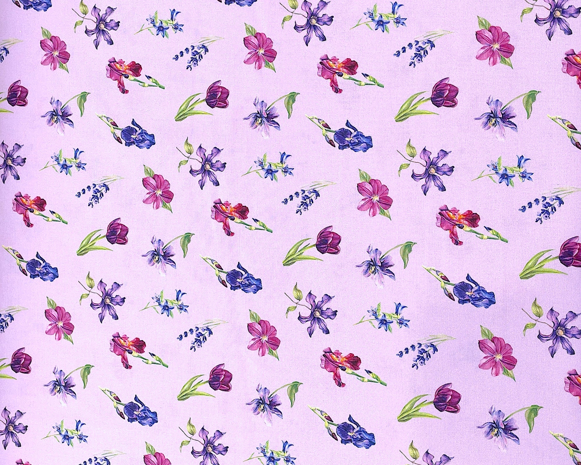 From Northcott Fabrics this light purple fabric is covered with iris, clematis and more. This fabric is part of the Deborah's Garden collection.