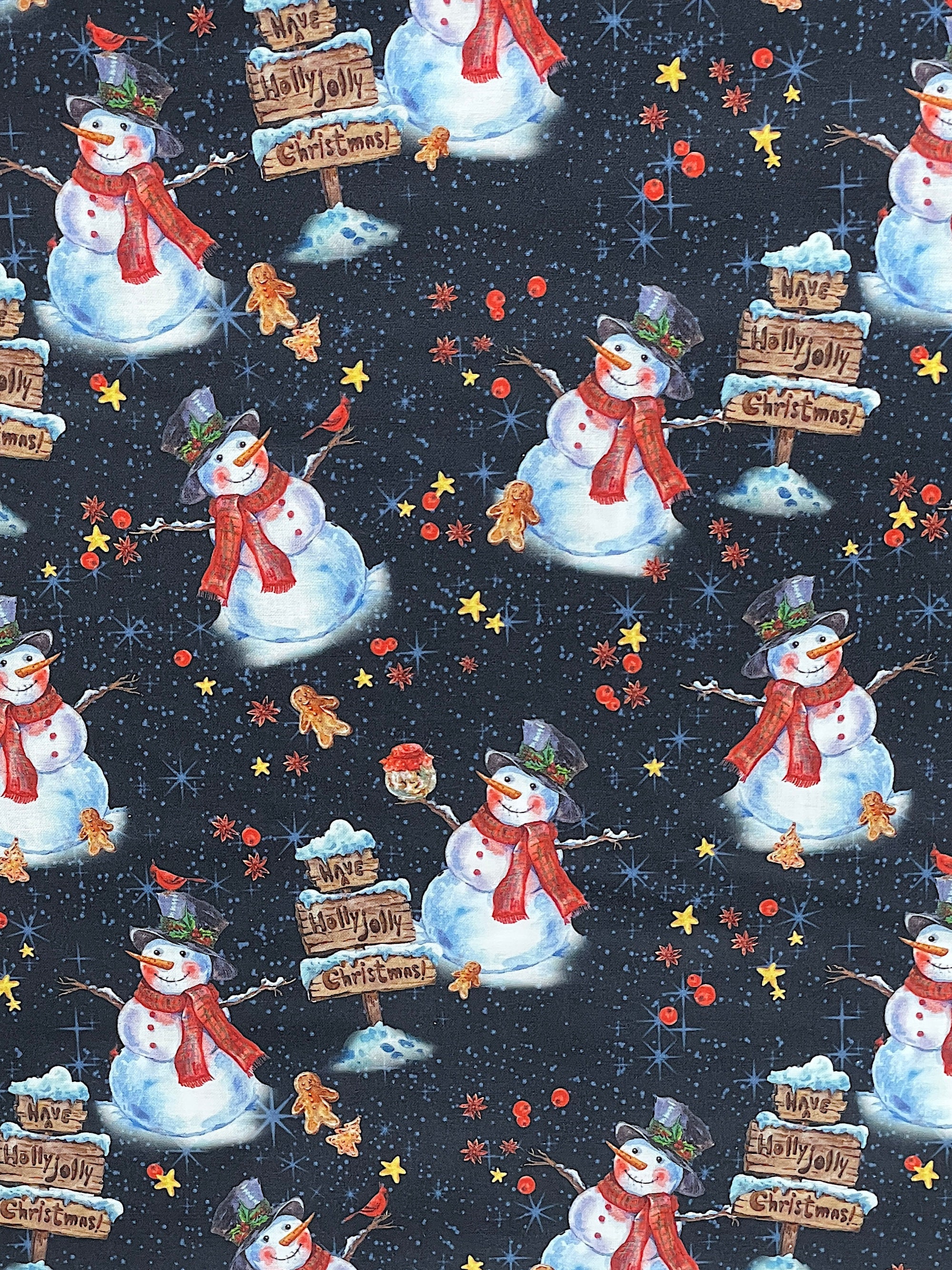 This fabric is part of the Frosty Delights collection by Paintbrush Studio.&nbsp; this dark navy fabric is covered with snowmen, gingerbread men a a sign that says Have a Holly Jolly Christmas.