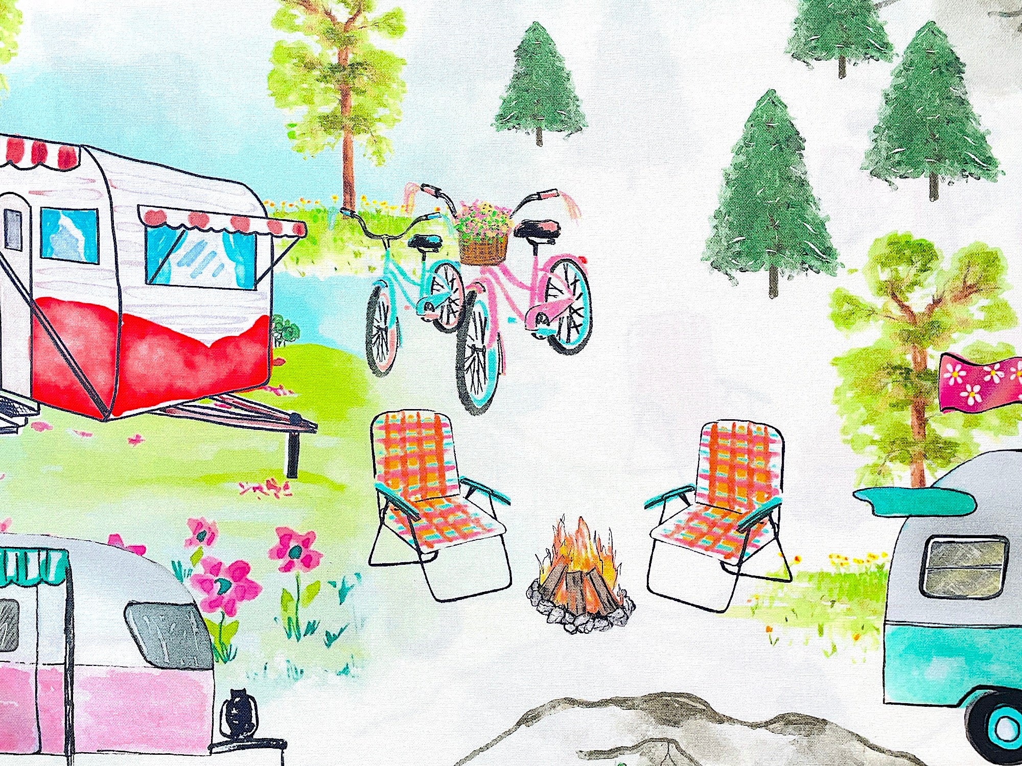 This cotton fabric is part of the Happy Campers collection.  This white cotton fabric is covered with travel trailers, trees, bikes, lawn chairs fire pits and more.