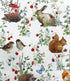 This white cotton fabric fabric is covered with hedgehogs, fox, rabbits, birds, butterflies, chipmunk,  and berries.