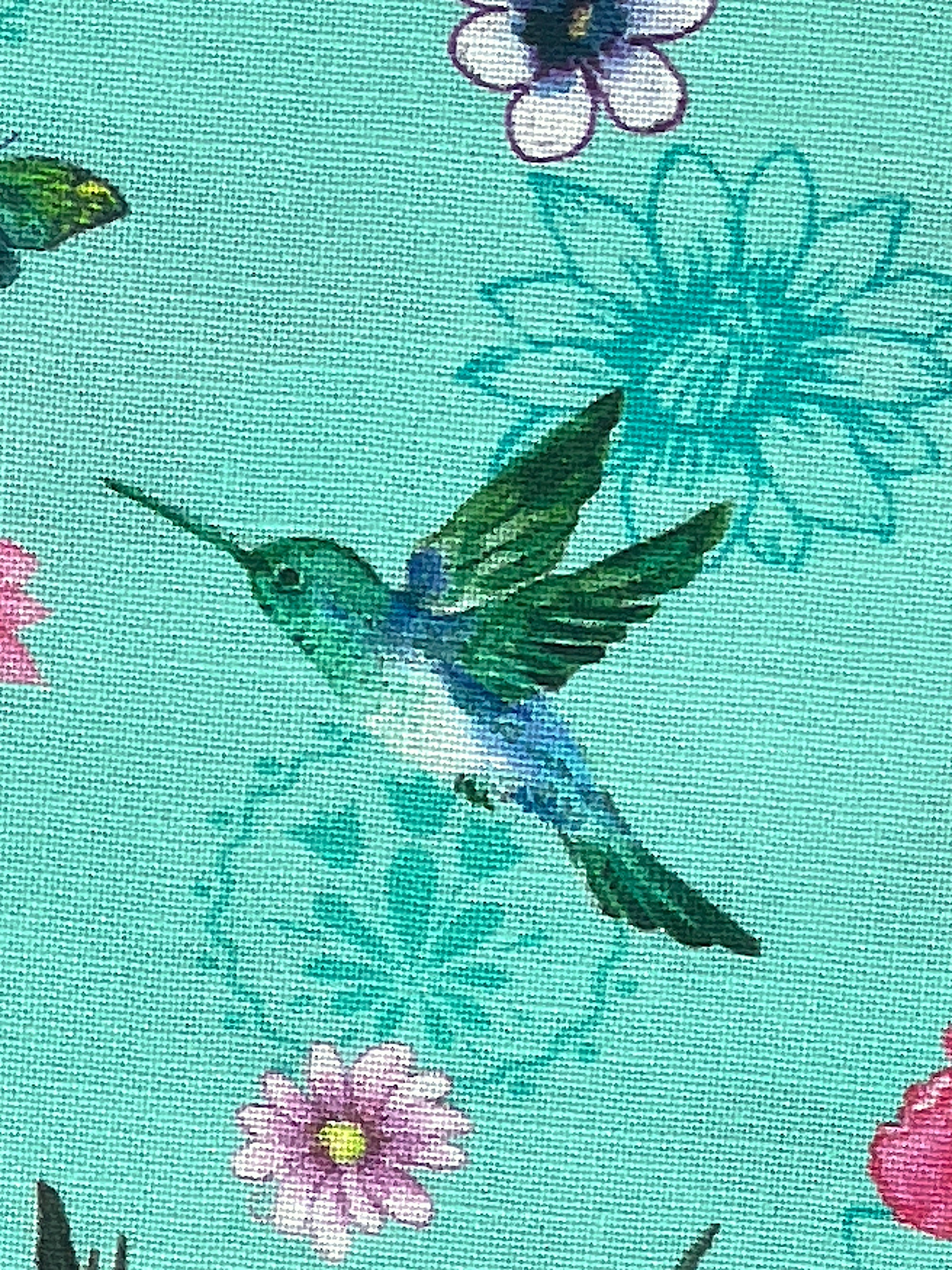 Close up of a blue and green hummingbird.