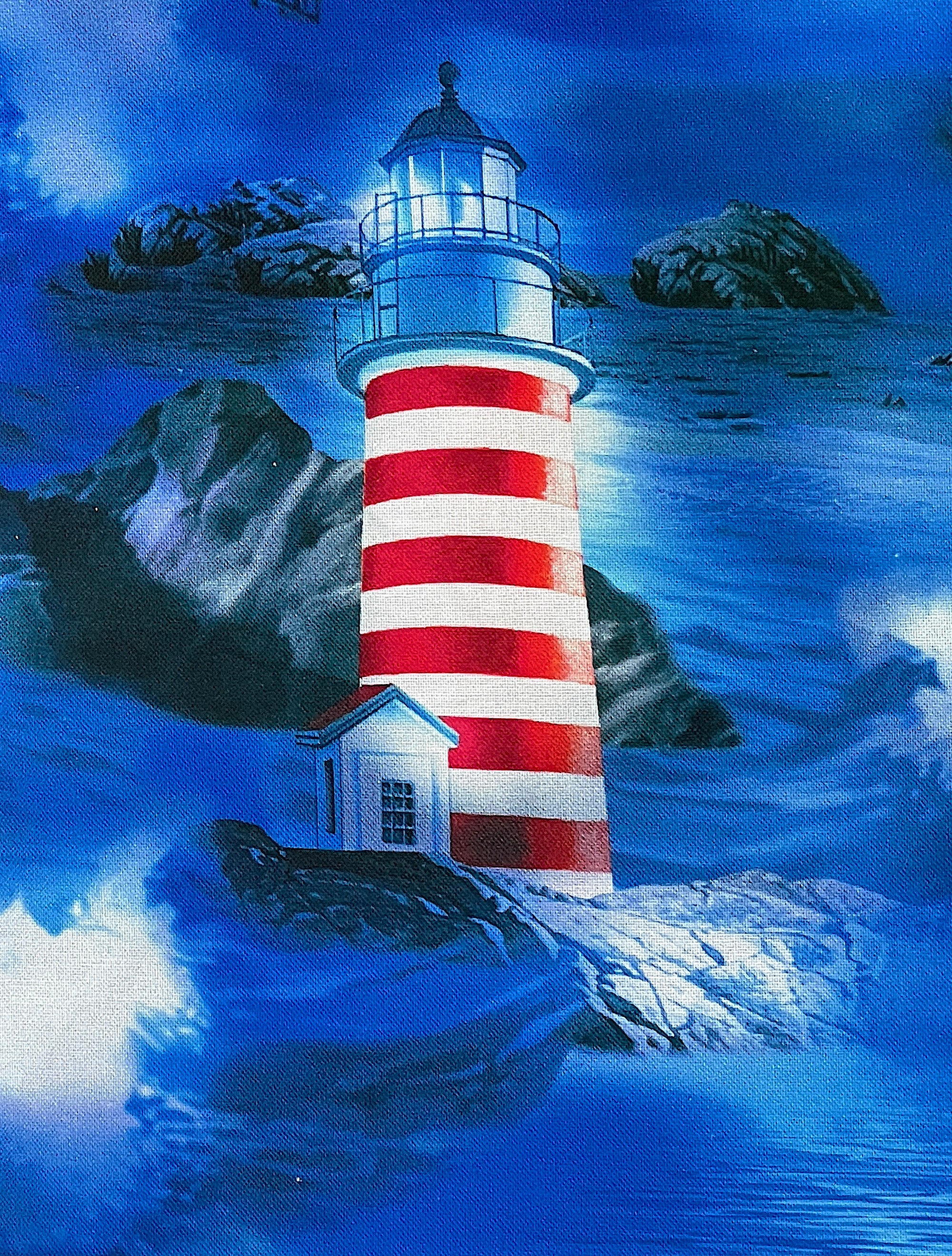 Close up oa a red and white striped lighthouse in the blue sea.
