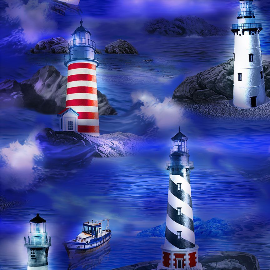 Water covered cotton fabric with lighthouses and a boat.