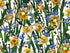 White cotton fabric covered with birds, daffodils and other flowers.