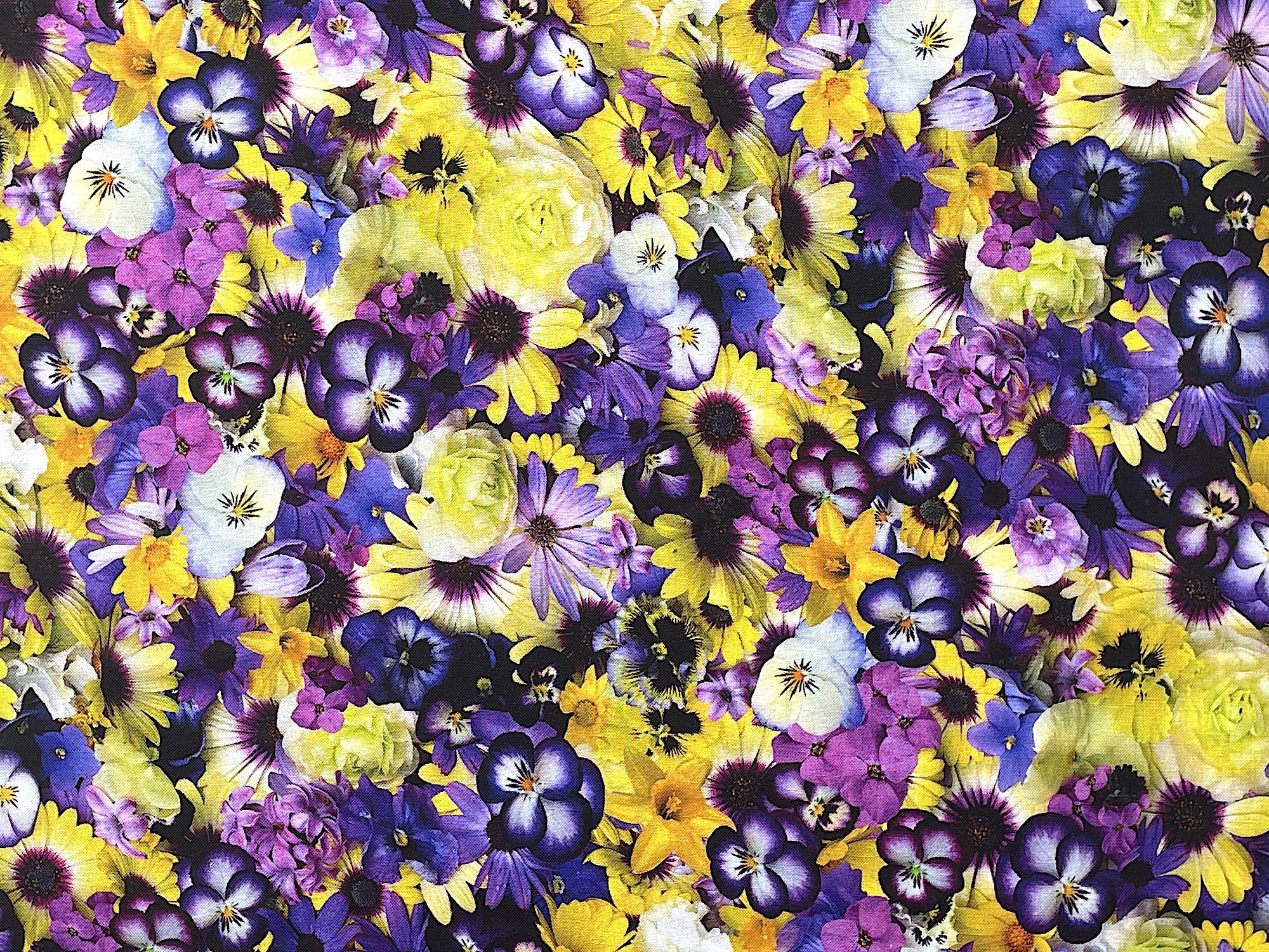 This fabric is part of the Hand Picked collection by Maywood Studio. You will find purple, yellow and white pansies, yellow daffodils and yellow and purple daisies packed in this cotton fabric.