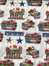 This Patriotic fabric is covered with red, white and blue items such as stars, and geraniums.  The red geraniums are in planter boxes, buckets with the USA flag and other containers.