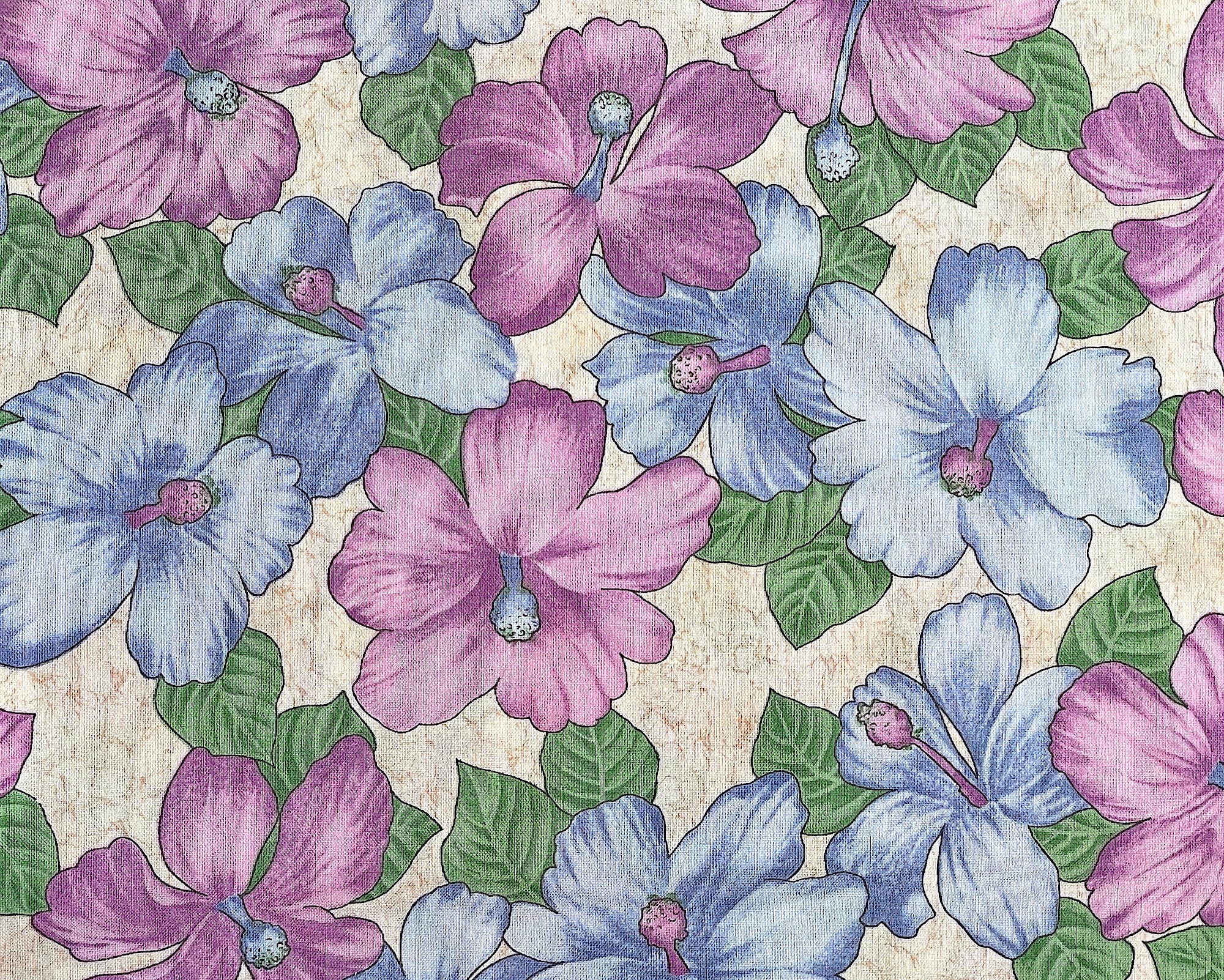 Purple and blue flowers on a two tone beige background.