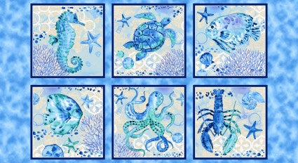 This fabric is part of The Sea is Calling collection. This is a panel with a 24" repeat. This panel has six blocks with lobster, fish turtle, octopus and sea horses in the blocks.
