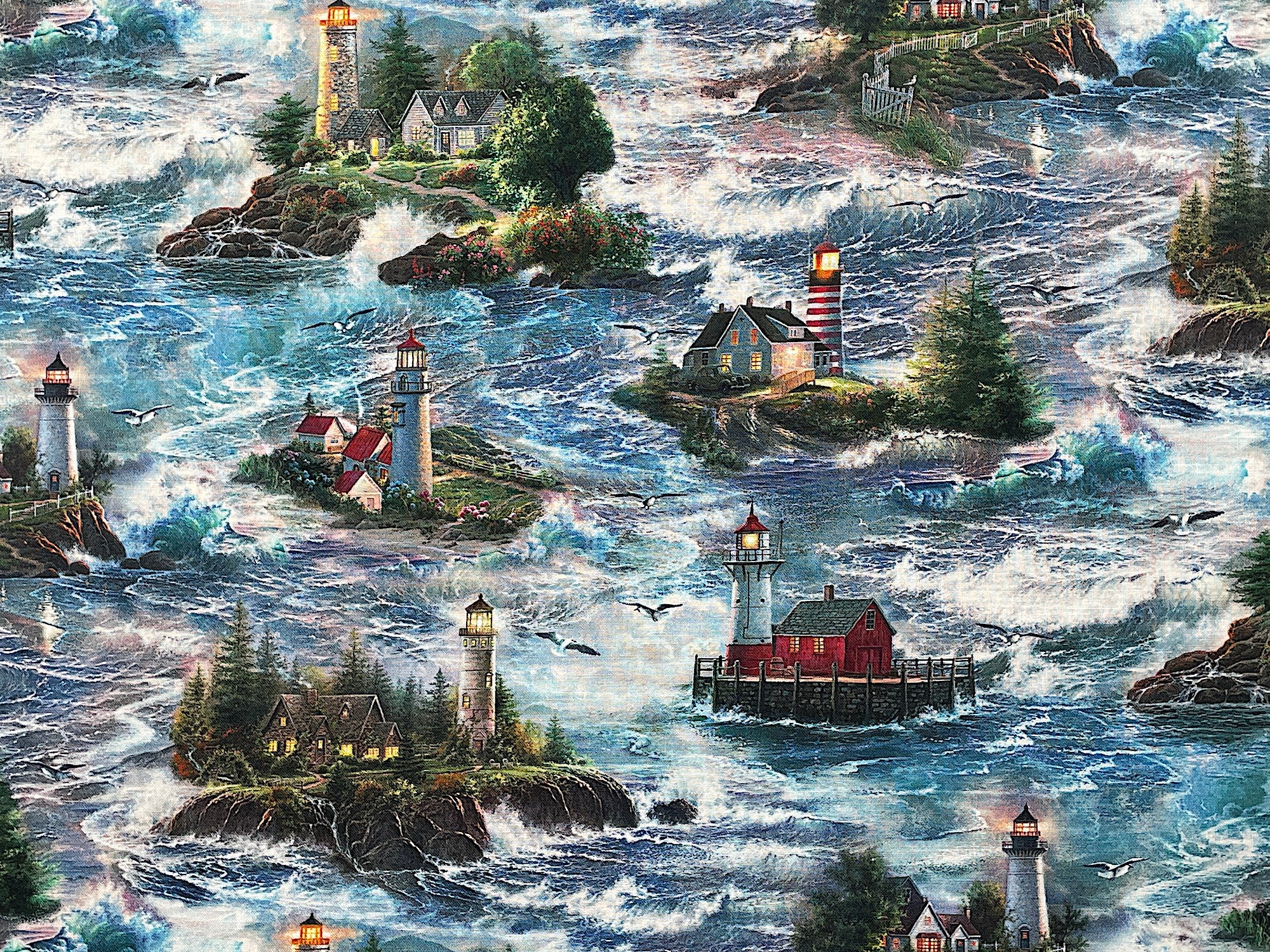 Cotton Fabric covered with various lighthouses, water, trees and more.
