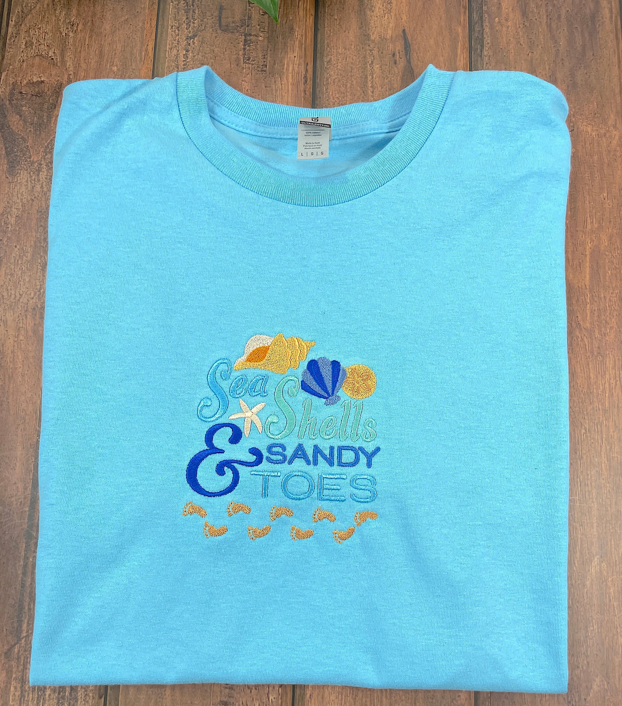Seashells and Sandy Toes Nautical t-shirt sky blue