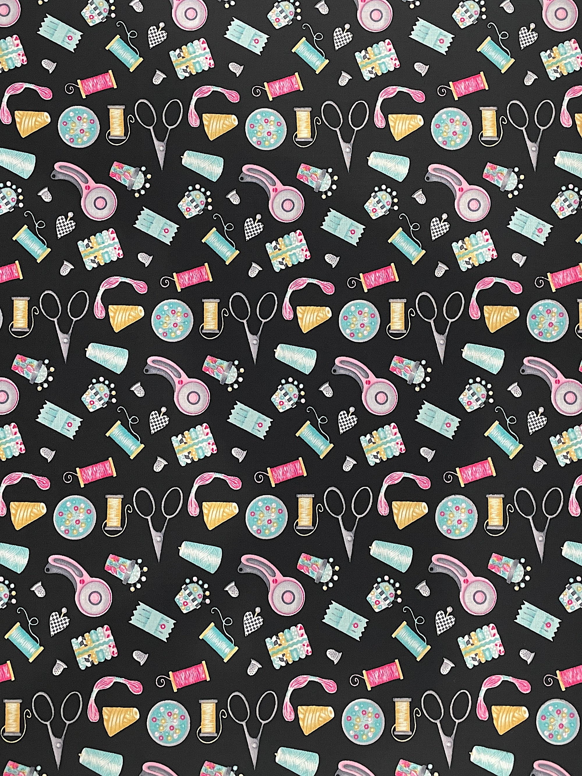 This fabric is part of the Sew, Sleep, Repeat collection by Henry Glass.&nbsp; This black fabric is covered with scissors, pin cushions, thread, rotary cutters, needles, thimbles and more.