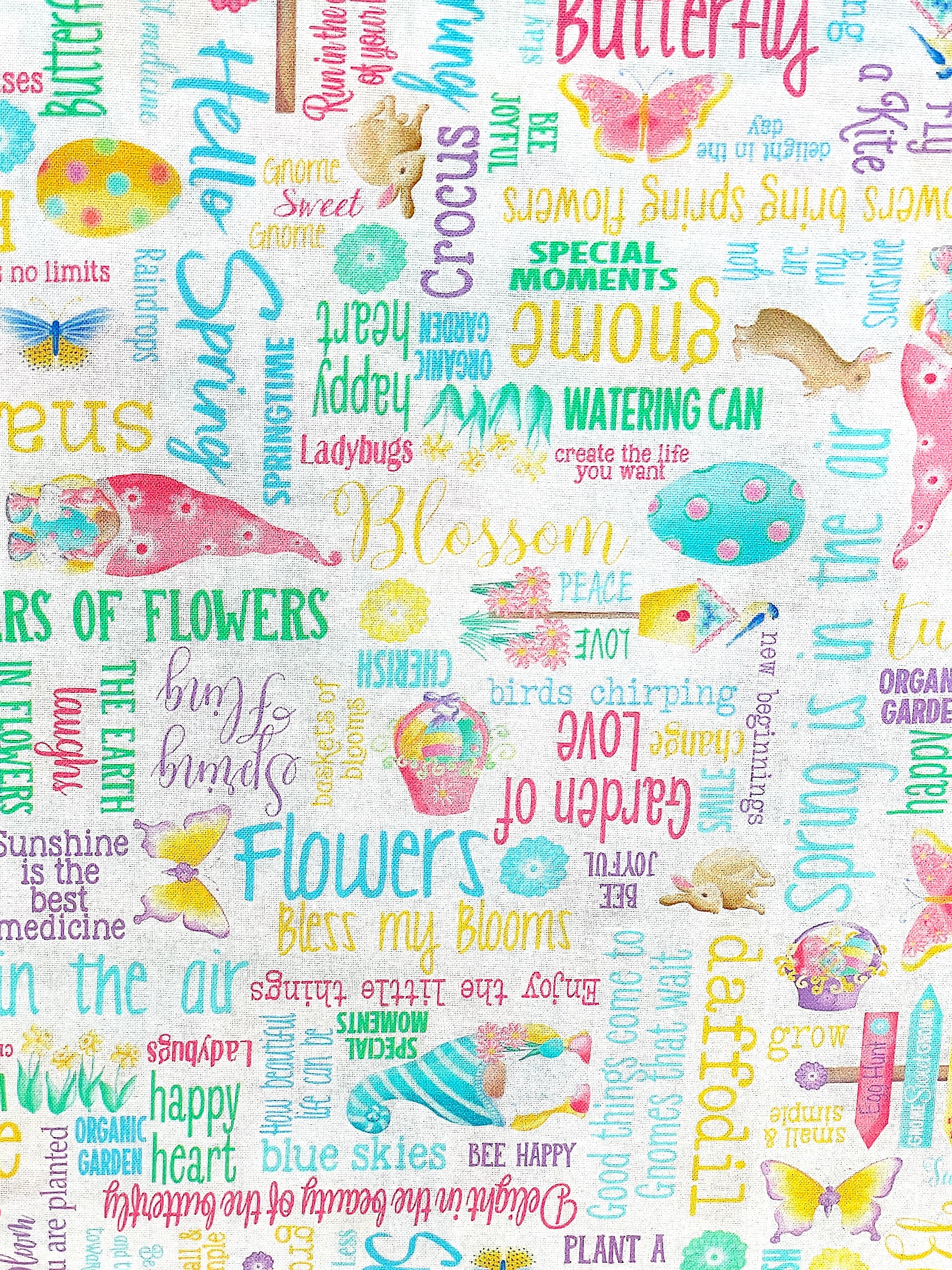 This cotton fabric <span style="font-size: 0.875rem;">43"/44" wide 100% Cotton Fabric is called Spring Garden Gnomes.&nbsp; This white fabric is covered with gnomes, Easter Eggs and sayings.&nbsp; Some of the sayings are garden of love, spring fling, special moments, gnomes, watering can, happy heart hello spring and more.</span>