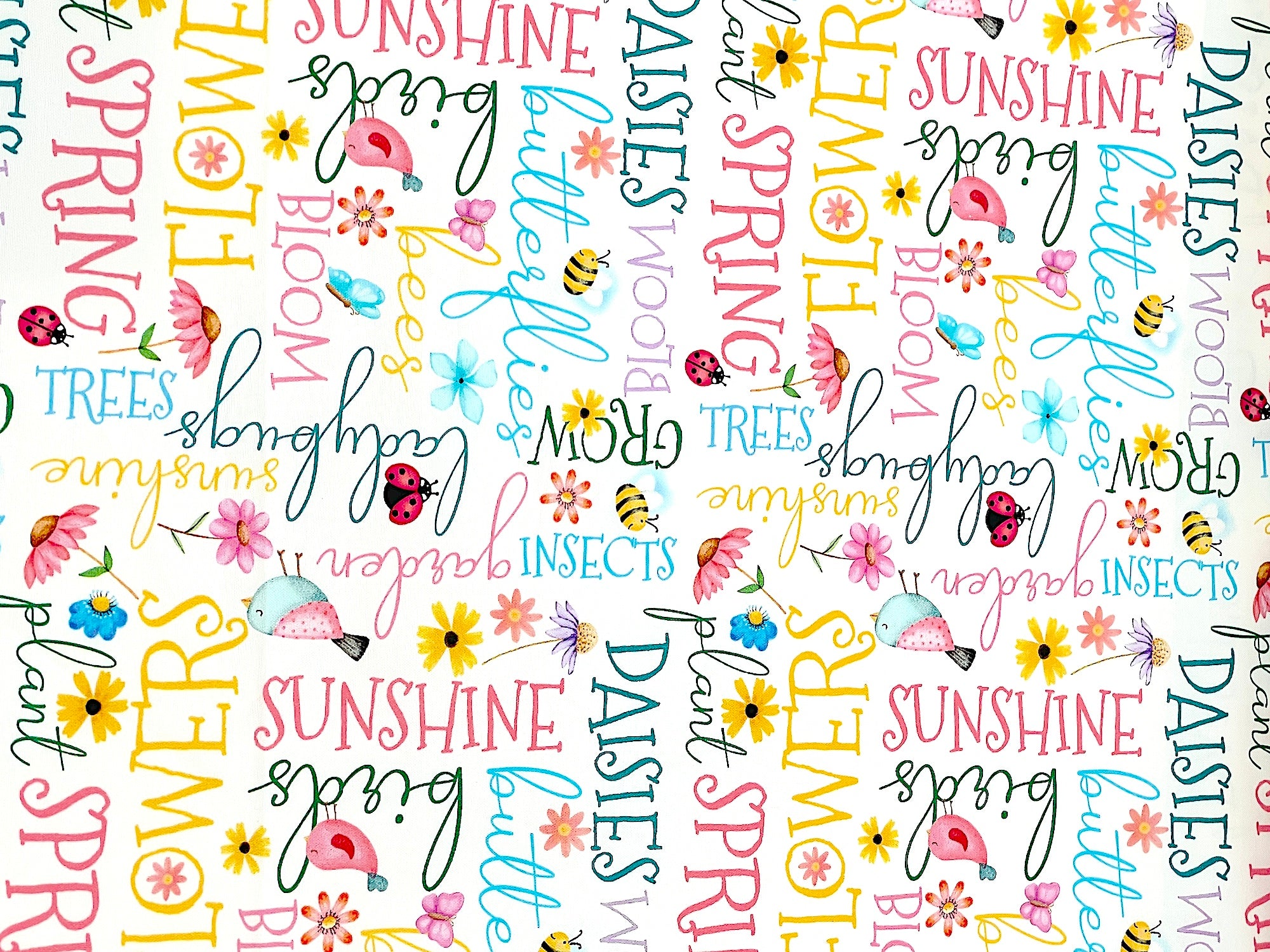 This fabric is part of the Sunshine Days collection by Nicole Decamp.&nbsp; This white cotton fabric is covered with sayings such as daisies, bloom, spring, butterflies, birds and more.&nbsp; Sprinkled throughout you will also find birds, bees and ladybugs.