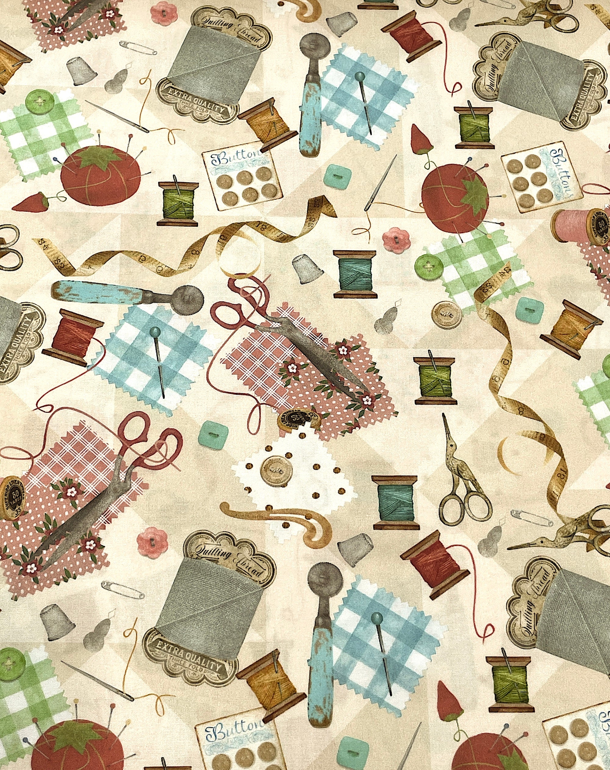 This fabric is part of the Shop Hop Collection by Beth Albert.&nbsp; This fabric is covered with sewing notions such as thread, scissors, needles, tape measures, thimbles, buttons, sewing machines and more.