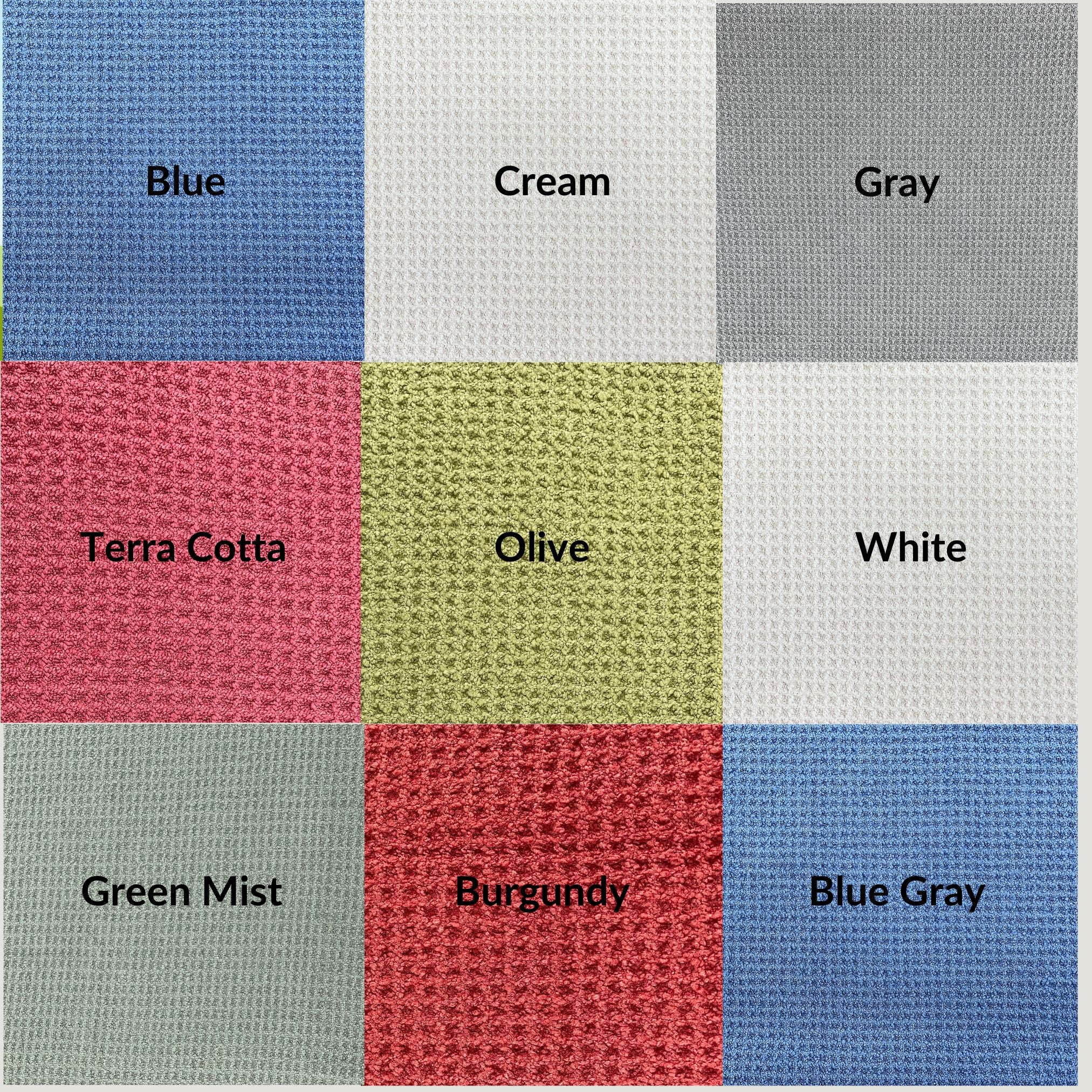 Color swatch grid with labels for Blue, Cream, Gray, Terra Cotta, Olive, White, Green Mist, Burgundy, and Blue Gray.