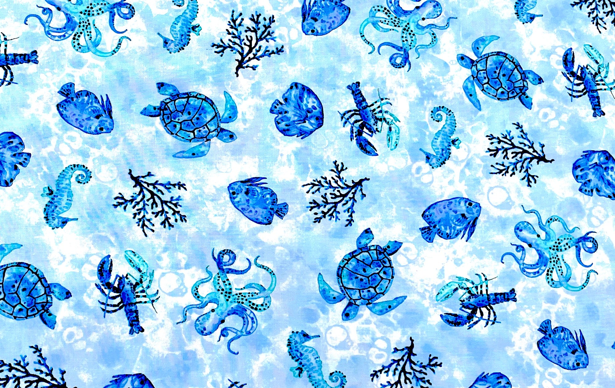 This cotton fabric is part of The Sea is Calling collection.&nbsp; This fabric is covered with turtles, lobster, star fish and more.&nbsp; See my other listings for more fabrics in this collection as seen in the last picture.