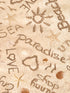 Close up of words such as paradise, love, beach and more.