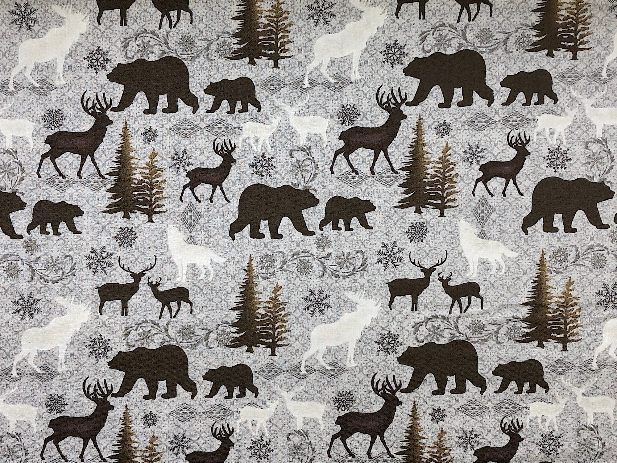 This gray fabric is called Mountain silhouette Stone and is covered with bear, deer, trees and snowflakes.