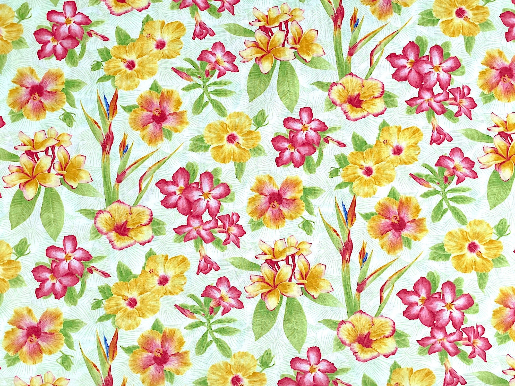 Here is a soft Pink and Yellow Flower Design. The all-over design is called Pink Paradise and is the creation of Jane Shasky. It consists of Pink and Yellow Hibiscus with green leaves on a white background.