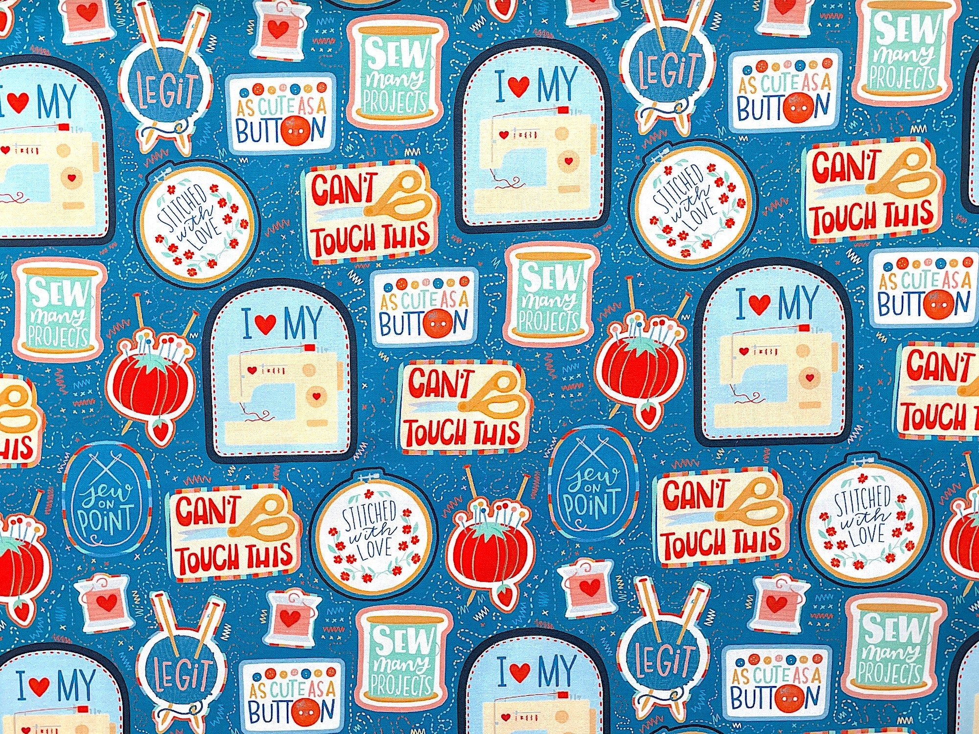 This sewing themed fabric is covered with patches. Within the patches you will find sewing machines, buttons, thread, pin cushions and other sewing items. This fabric also has sayings such as cute as a button, sew many projects, legit, stitched with love and more. this fabric is part of the Stitched with Love collection.