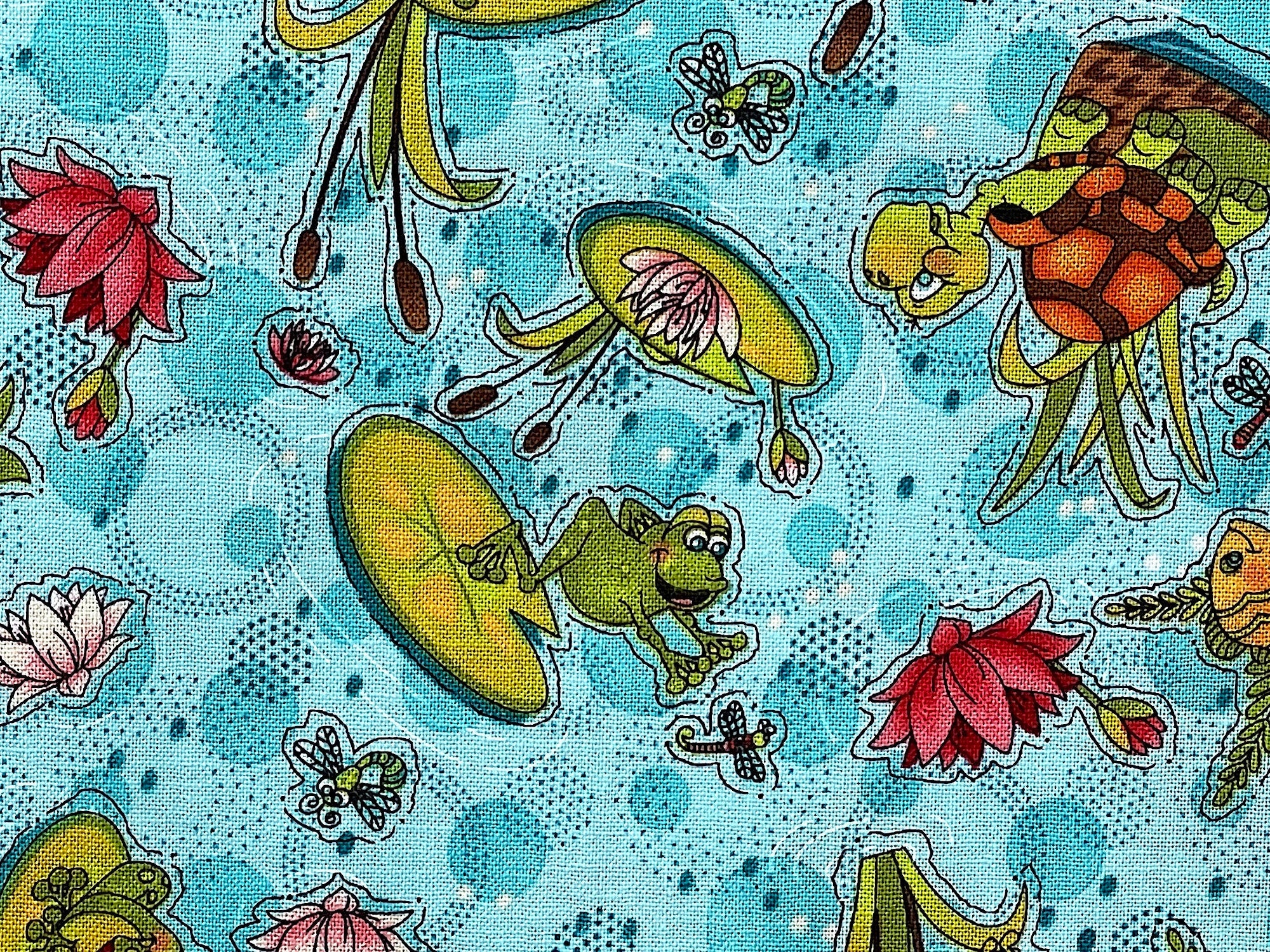 This cotton fabric is called Water Lily and is covered with frogs, fish, grasshoppers, water lilies and more. 