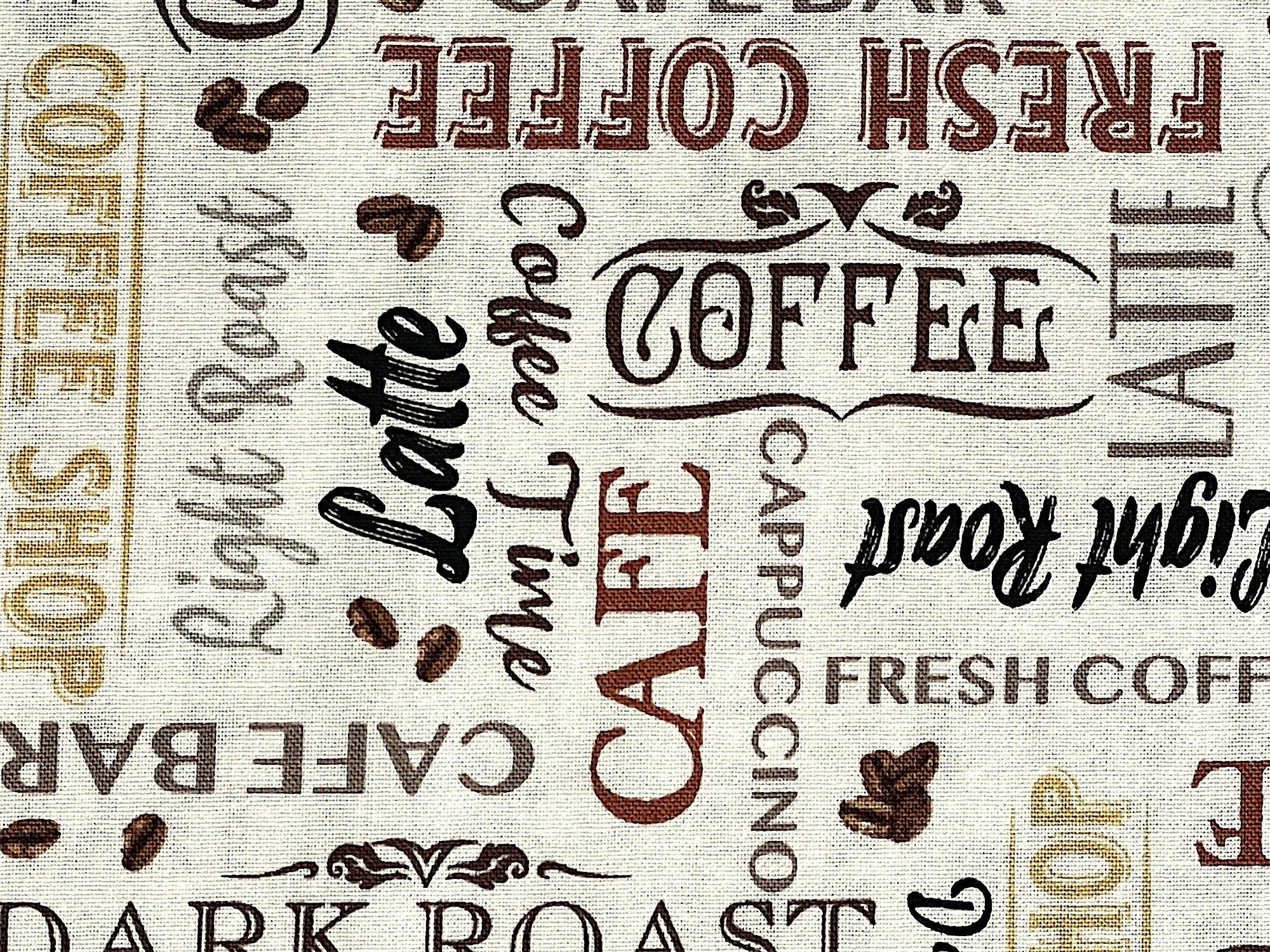 Close up of words such as coffee, cafe, latte, light roast and more.
