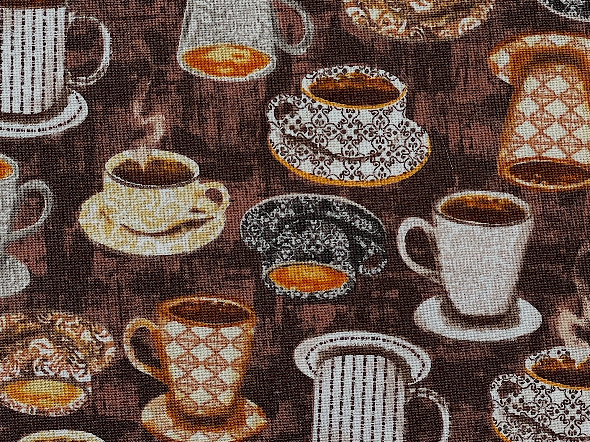 Close up of cups and mugs of coffee.