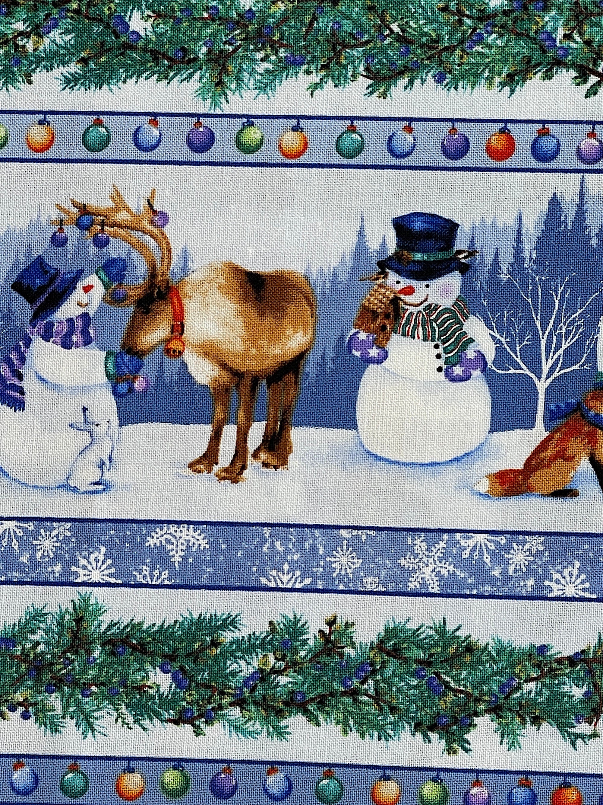 Close up of a reindeer and snowmen.